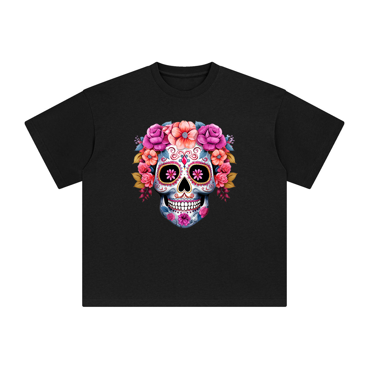 Pink Sugar Skull Flower Graphic Tee-INNBLAC Fashion Apparel