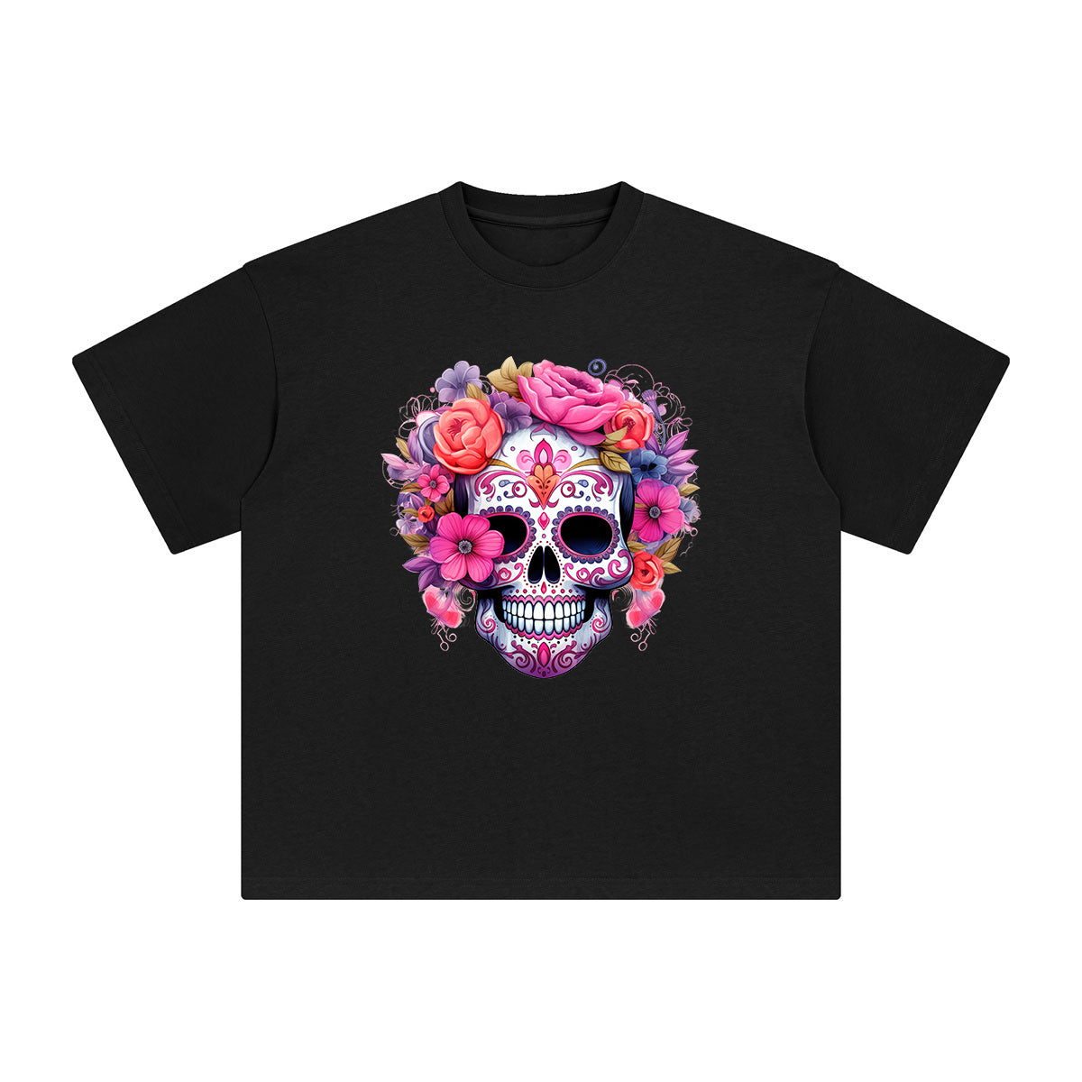 Pink Sugar Skull Flower Graphic Tee-INNBLAC Fashion Apparel