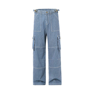 Buckle Belt Striped Denim Cargo Jeans-INNBLAC Fashion Apparel