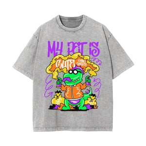 My Pet Dinosaur Graffiti Cartoon Washed Tee-INNBLAC Fashion Apparel