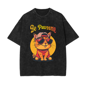 Cute Cat Stone Wash Graphic Tee-INNBLAC Fashion Apparel