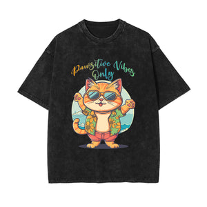 Cute Cat Stone Wash Graphic Tee-INNBLAC Fashion Apparel