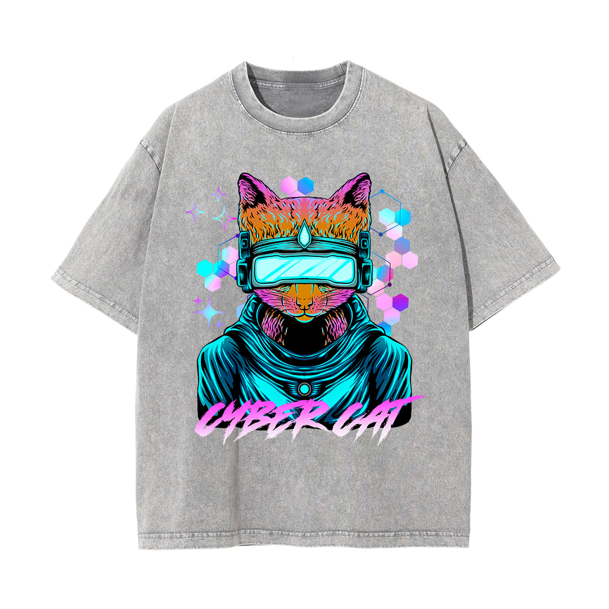 Cyber Cat Graphic Washed Tee-INNBLAC Fashion Apparel