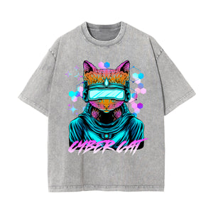 Cyber Cat Graphic Washed Tee-INNBLAC Fashion Apparel