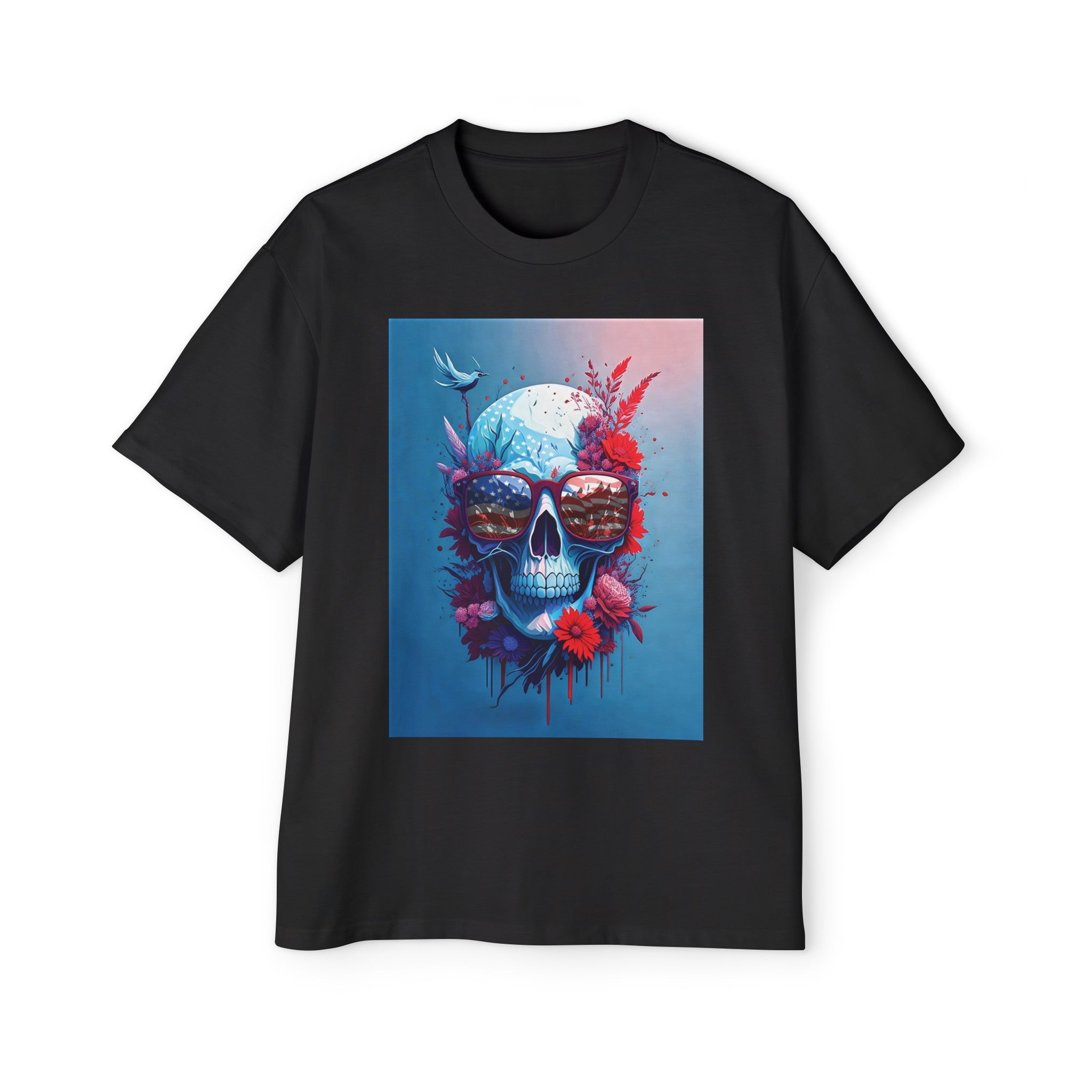 Skull Wearing American Flag Sunglasses Graphic Tee-INNBLAC Fashion Apparel