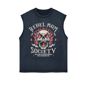 Rebel Mom Society Skull Graphic Sleeveless Faded Tee-INNBLAC Fashion Apparel