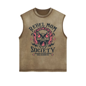 Rebel Mom Society Skull Graphic Sleeveless Faded Tee-INNBLAC Fashion Apparel