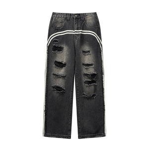 Arc Stripe Washed Ripped Jeans-INNBLAC Fashion Apparel