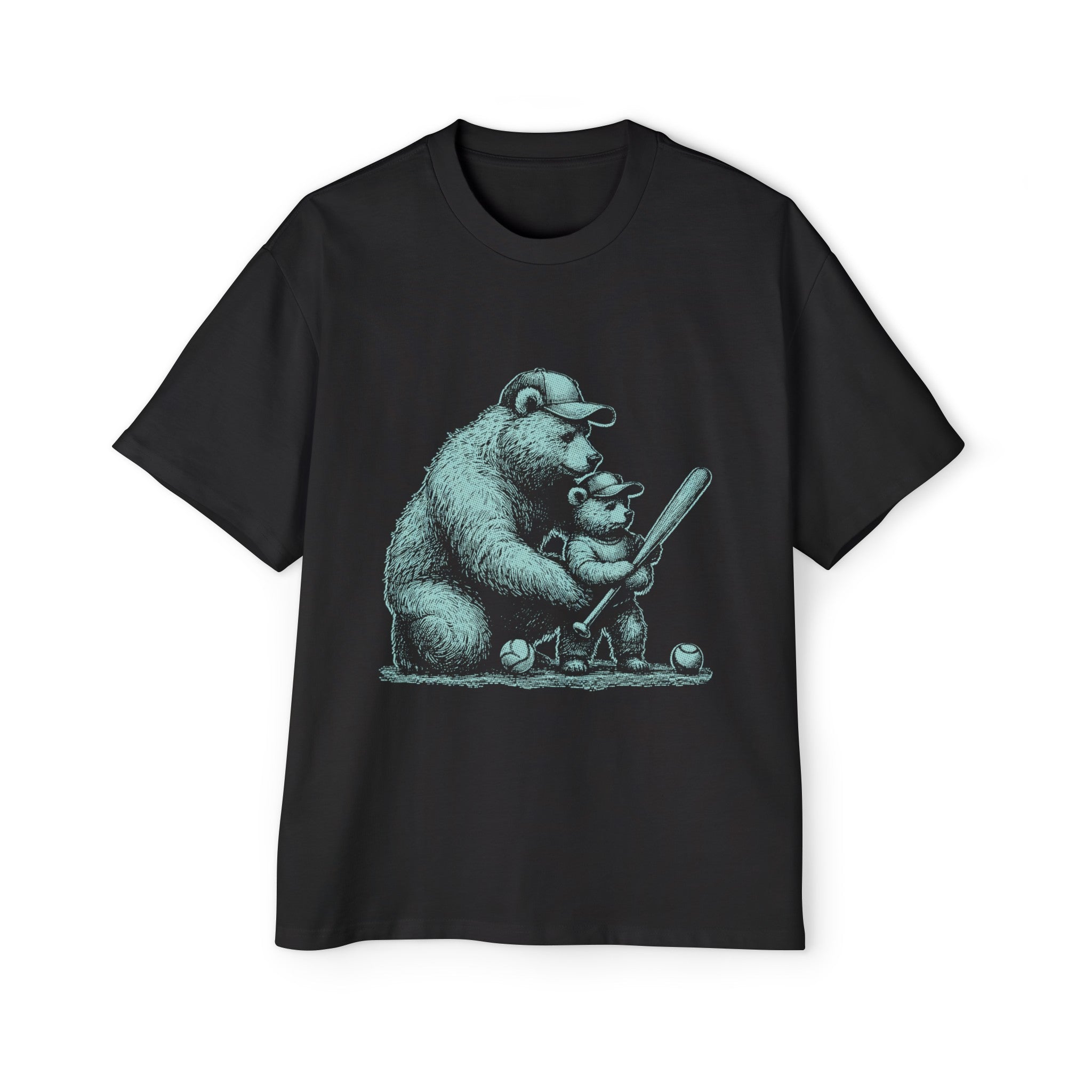 Bear Dad & Baby Playing Baseball Graphic Tee-INNBLAC Fashion Apparel