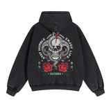 Skull Graphic Acid Wash Hoodie-INNBLAC Fashion Apparel