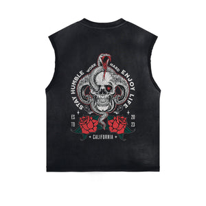 Skull Graphic Stone Wash Sleeveless Tee-INNBLAC Fashion Apparel