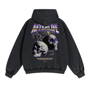 Skull Graphic Acid Wash Hoodie-INNBLAC Fashion Apparel