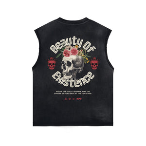 Skull Graphic Stone Wash Sleeveless Tee-INNBLAC Fashion Apparel