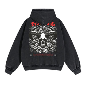 Washed Skull Graphic Double Slider Zip Hoodie-INNBLAC Fashion Apparel