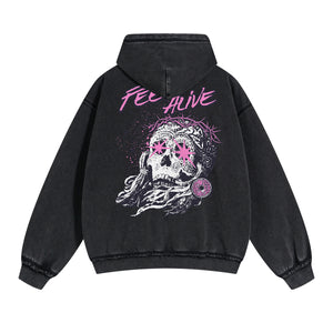 Washed Skull Graphic Double Slider Zip Hoodie-INNBLAC Fashion Apparel