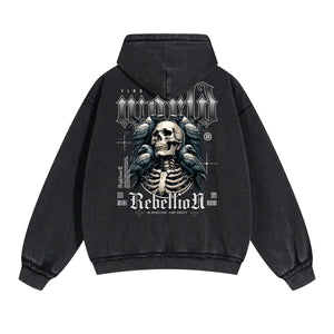 Washed Skull Graphic Double Slider Zip Hoodie-INNBLAC Fashion Apparel