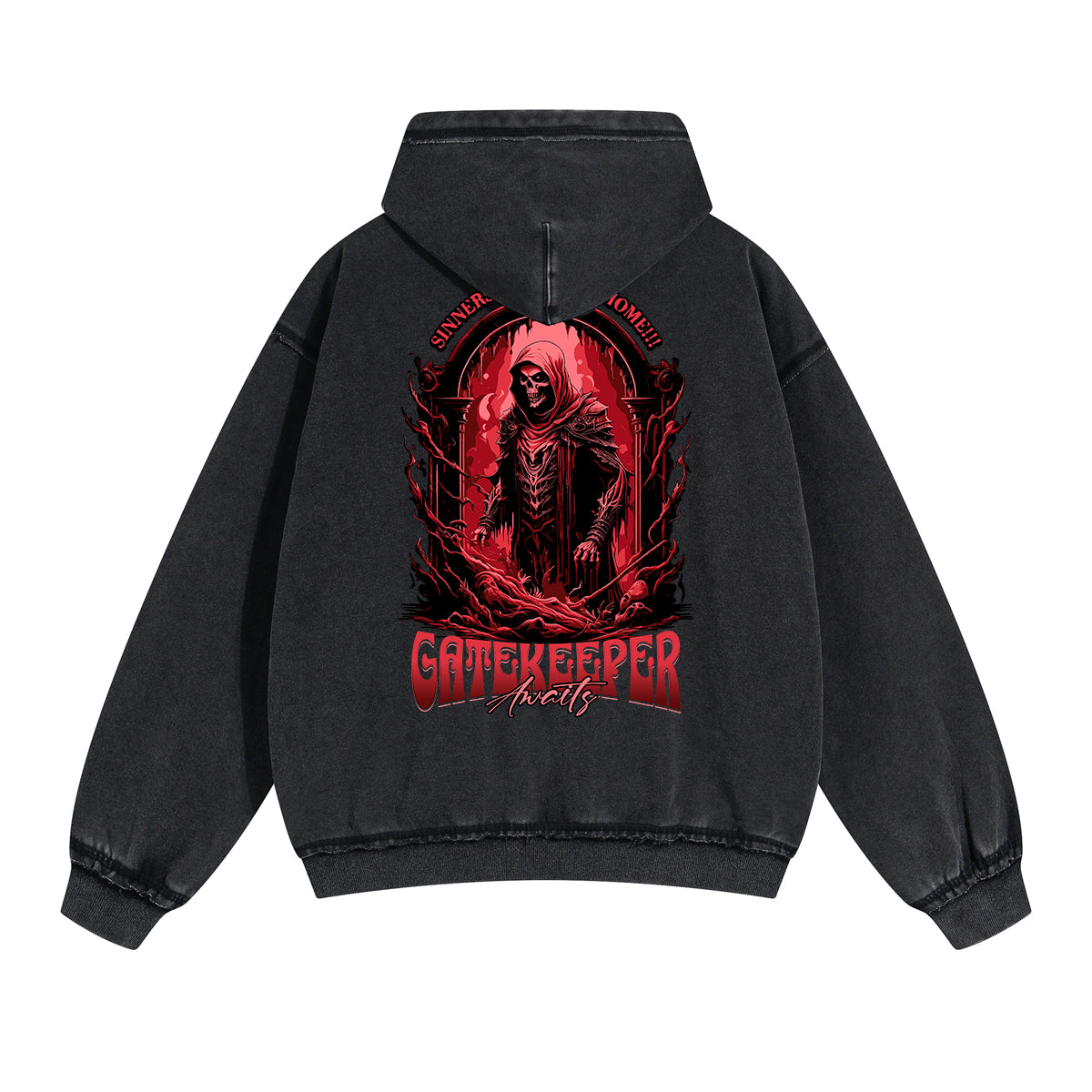 Washed Skull Graphic Double Slider Zip Hoodie-INNBLAC Fashion Apparel