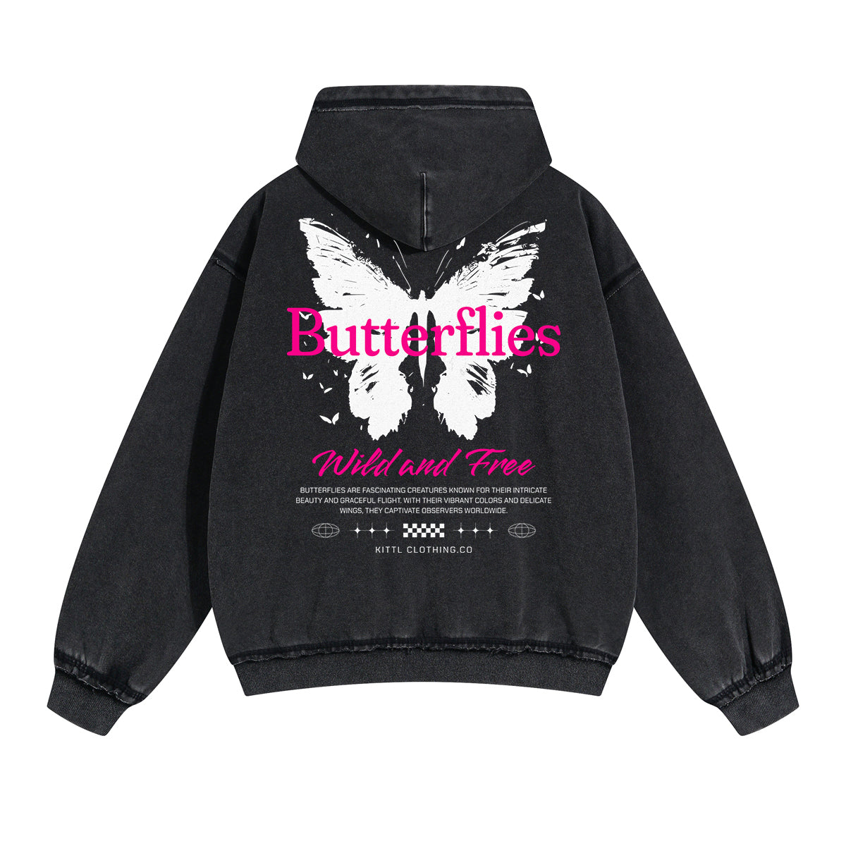 Vintage Washed Butterfly Printed Zipper Hoodie-INNBLAC Fashion Apparel