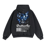 Vintage Washed Butterfly Printed Zipper Hoodie-INNBLAC Fashion Apparel