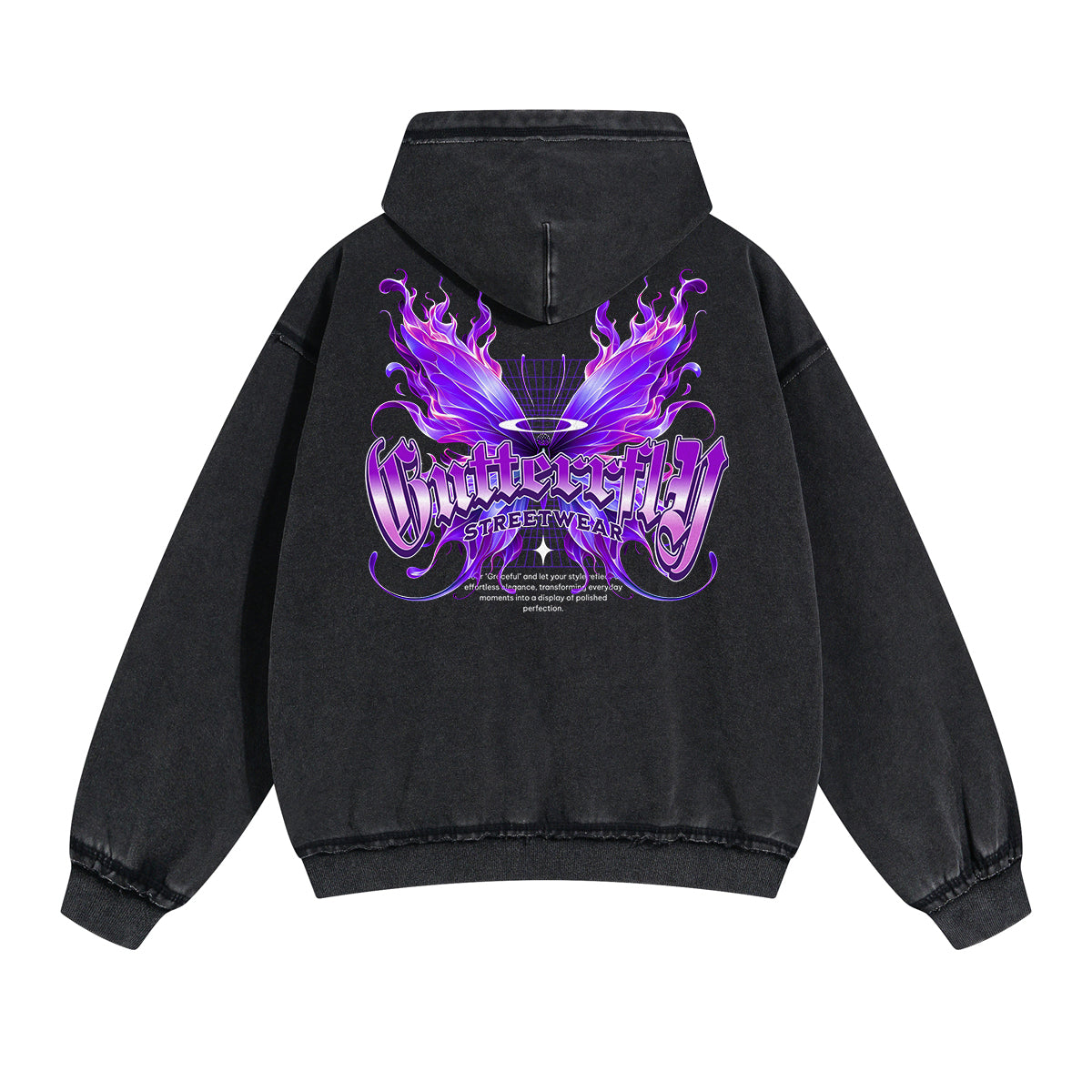 Vintage Washed Butterfly Printed Zipper Hoodie-INNBLAC Fashion Apparel