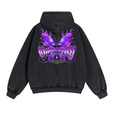 Vintage Washed Butterfly Printed Zipper Hoodie-INNBLAC Fashion Apparel