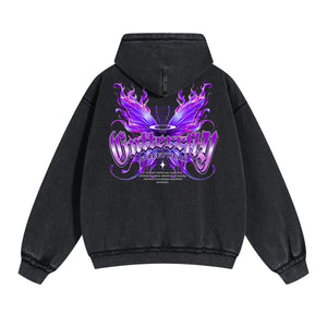 Vintage Washed Butterfly Printed Zipper Hoodie-INNBLAC Fashion Apparel