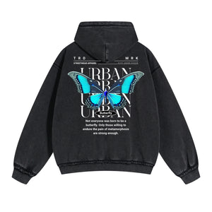 Vintage Washed Butterfly Printed Zipper Hoodie-INNBLAC Fashion Apparel