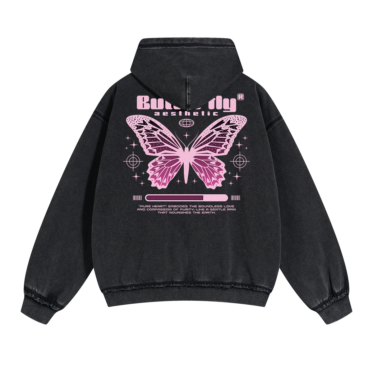 Vintage Washed Butterfly Printed Zipper Hoodie-INNBLAC Fashion Apparel