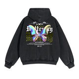 Vintage Washed Butterfly Printed Zipper Hoodie-INNBLAC Fashion Apparel