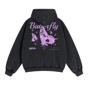 Vintage Washed Butterfly Printed Zipper Hoodie-INNBLAC Fashion Apparel