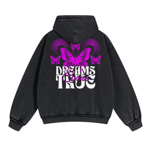 Vintage Washed Butterfly Printed Zipper Hoodie-INNBLAC Fashion Apparel