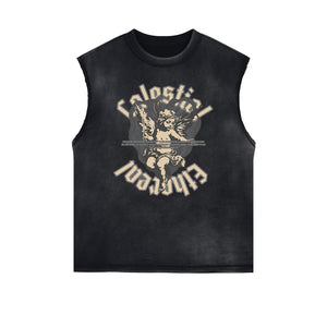 Stone Wash Cupid Angel Graphic Sleeveless Tee-INNBLAC Fashion Apparel