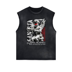 Stone Wash Cupid Angel Graphic Sleeveless Tee-INNBLAC Fashion Apparel