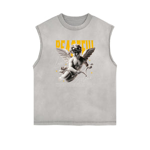 Gray Cute Cupid Cartoon Graphic Sleeveless Tee-INNBLAC Fashion Apparel