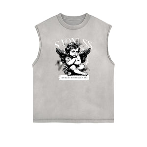 Sleeveless Stone Wash Cupid Statues Graphic Tee-INNBLAC Fashion Apparel