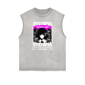 Sleeveless Stone Wash Anime Graphic Tee-INNBLAC Fashion Apparel