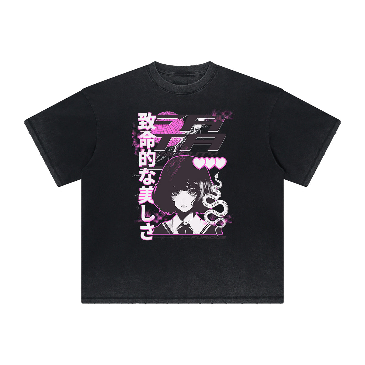 Faded Distressed Anime Pattern Tee-INNBLAC Fashion Apparel