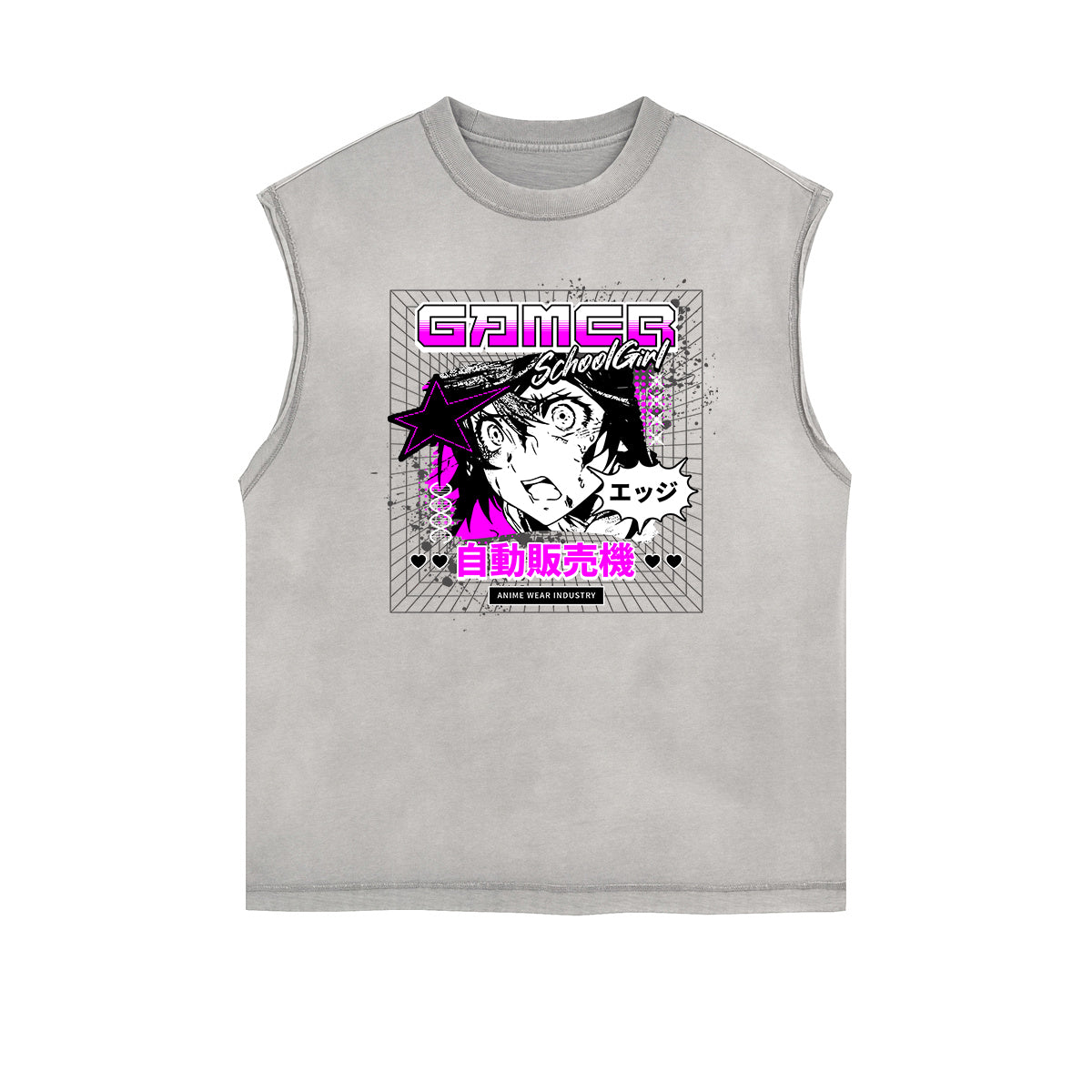 Sleeveless Stone Wash Anime Graphic Tee-INNBLAC Fashion Apparel