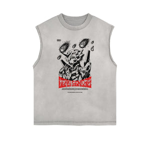 Sleeveless Stone Wash Anime Graphic Tee-INNBLAC Fashion Apparel