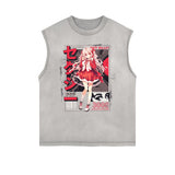 Sleeveless Stone Wash Anime Graphic Tee-INNBLAC Fashion Apparel