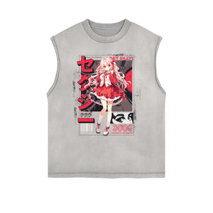 Sleeveless Stone Wash Anime Graphic Tee-INNBLAC Fashion Apparel