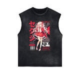 Washed Thick Anime Pattern Tank Top-INNBLAC Fashion Apparel