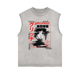 Sleeveless Stone Wash Anime Graphic Tee-INNBLAC Fashion Apparel