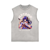 Sleeveless Stone Wash Anime Graphic Tee-INNBLAC Fashion Apparel