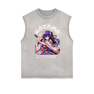 Sleeveless Stone Wash Anime Graphic Tee-INNBLAC Fashion Apparel