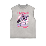 Sleeveless Stone Wash Anime Graphic Tee-INNBLAC Fashion Apparel