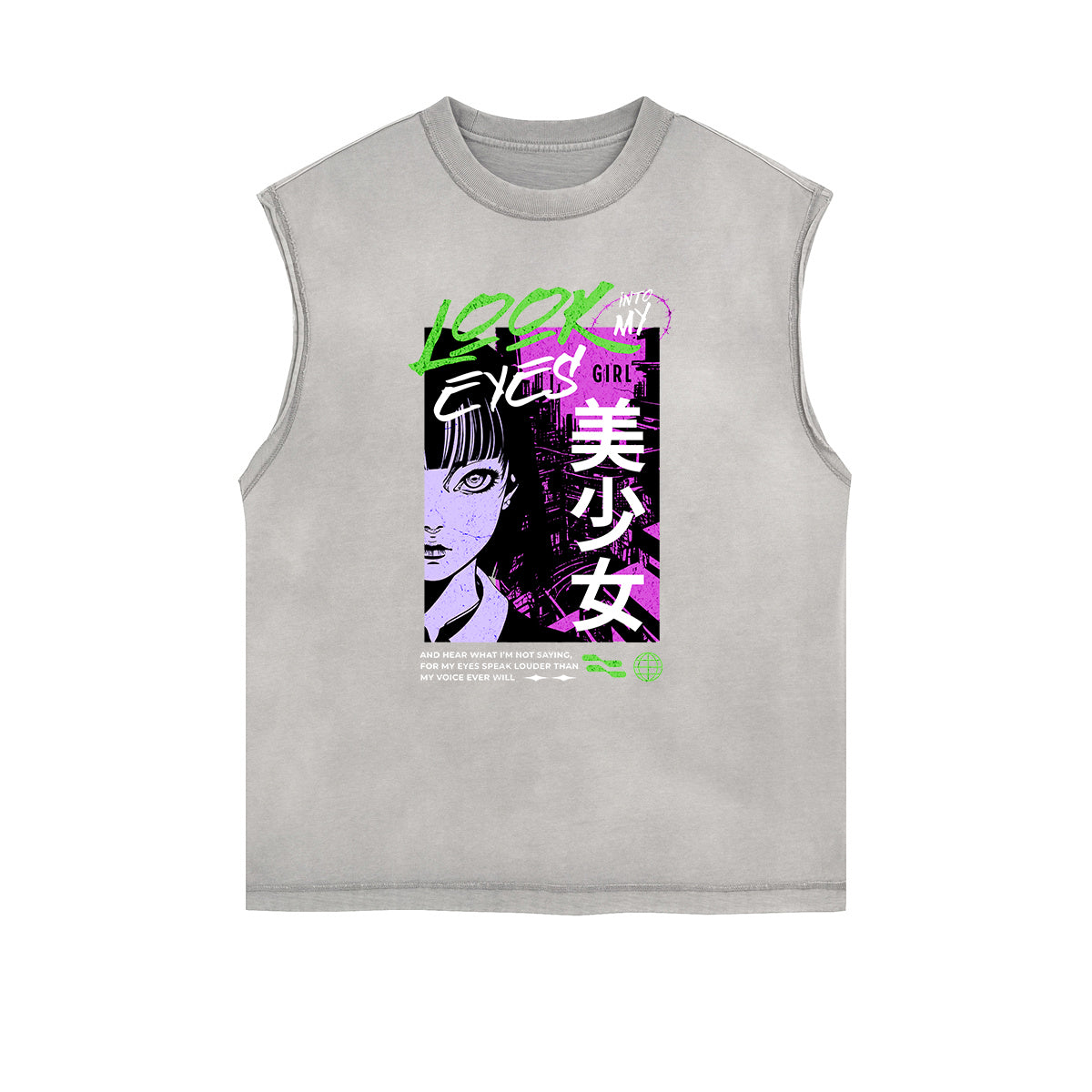 Sleeveless Stone Wash Anime Graphic Tee-INNBLAC Fashion Apparel