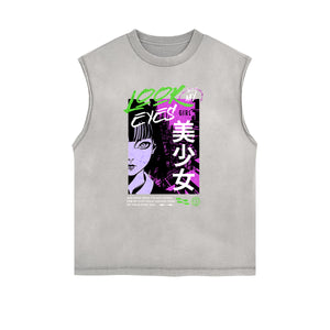 Sleeveless Stone Wash Anime Graphic Tee-INNBLAC Fashion Apparel