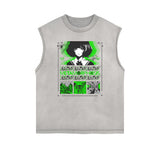 Sleeveless Stone Wash Anime Graphic Tee-INNBLAC Fashion Apparel