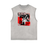 Sleeveless Stone Wash Anime Graphic Tee-INNBLAC Fashion Apparel